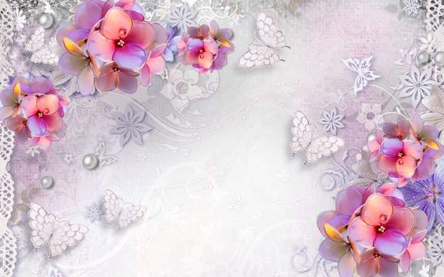 Ширма - Разноцветные цветы и бабочки на белом фоне, 7
