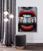 Poster - Red lips and dollars with golden smudges, 60 x 90 см, Framed poster on glass