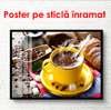 Poster - Yellow cup of coffee on the table with coffee beans, 90 x 60 см, Framed poster, Food and Drinks