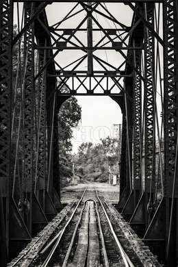 Poster - Black & White Railroad on a Metal Bridge, 30 x 45 см, Canvas on frame, Maps and Cities