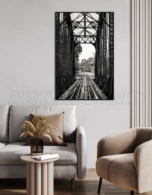 Poster - Black & White Railroad on a Metal Bridge, 30 x 45 см, Canvas on frame, Maps and Cities