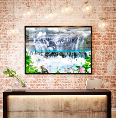 Poster - Waterfall and flying cranes, 45 x 30 см, Canvas on frame, Nature