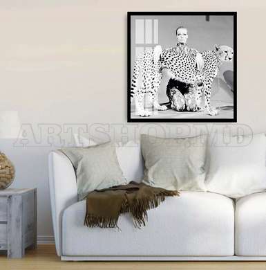 Poster - Girl with a leopard, 100 x 100 см, 45 x 90 см, Framed poster on glass, Black & White