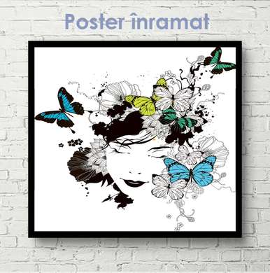 Poster - Fată cu fluturi 2, 100 x 100 см, Poster inramat pe sticla