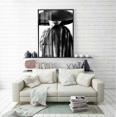 Poster - Lady in a black hat, 30 x 45 см, Canvas on frame, Black & White