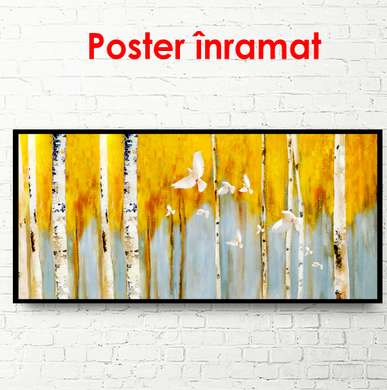 Poster - Yellow trees on a gray background, 150 x 50 см, Framed poster, Botanical