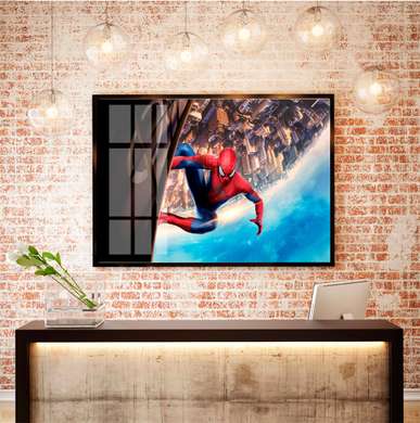 Poster - Spiderman on a high-rise building, 90 x 60 см, Framed poster