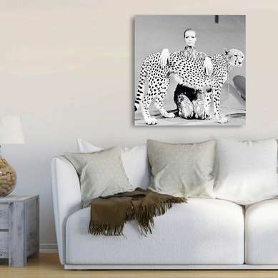 Poster - Girl with a leopard, 100 x 100 см, Canvas on frame, Black & White