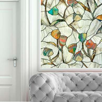 Самоклейка для окон, Декоративный витраж с абстрактными цветами, 60 x 90cm, Мат, Витражная Пленка
