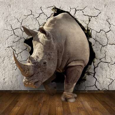 Фотообои - Носорог, разбивающий стену