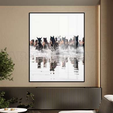 Poster - Horses in the water, 60 x 90 см, Framed poster on glass, Animals