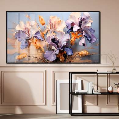 Poster - Purple abstract flowers, 80 x 40 см, Framed poster on glass, Flowers