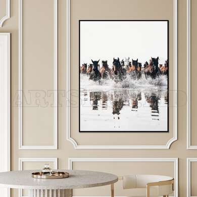 Poster - Horses in the water, 60 x 90 см, Framed poster on glass, Animals