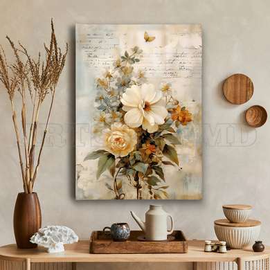 Poster - Bouquet of flowers in vintage style, 60 x 90 см, Framed poster on glass, Flowers