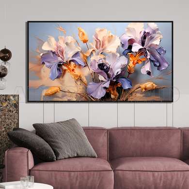 Poster - Purple abstract flowers, 80 x 40 см, Framed poster on glass, Flowers