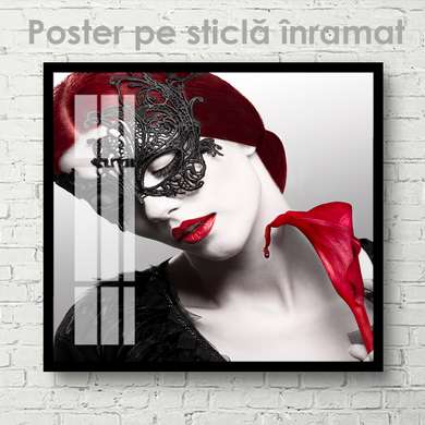 Poster - Doamnă într-o mască misterioasă, 100 x 100 см, Poster inramat pe sticla