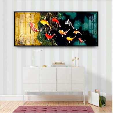 Постер - Разноцветные рыбки, 150 x 50 см, Постер на Стекле в раме, Морская Тематика