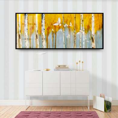 Постер - Желтые деревья на сером фоне, 150 x 50 см, Постер в раме, Ботаника