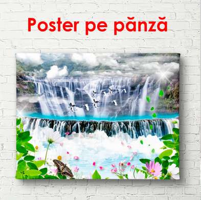 Poster - Waterfall and flying cranes, 45 x 30 см, Canvas on frame, Nature
