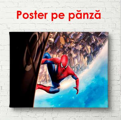 Poster - Spiderman pe o clădire înaltă, 90 x 60 см, Poster înrămat, Pentru Copii