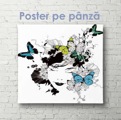 Poster - Fată cu fluturi 2, 100 x 100 см, Poster inramat pe sticla
