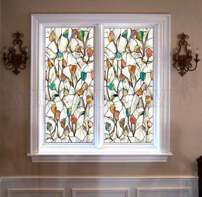 Window Privacy Film, Decorative stained glass window with abstract flowers, 60 x 90cm, Transparent, Window Film
