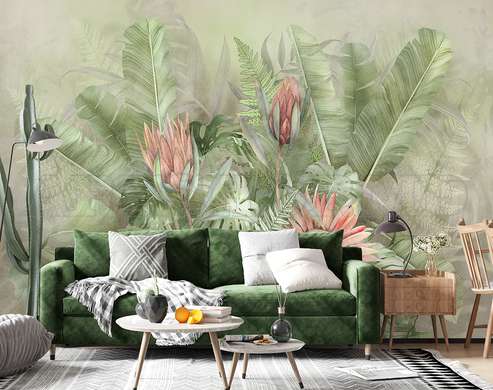 Wall mural - Exotic bouquet with pink flowers in shades of green