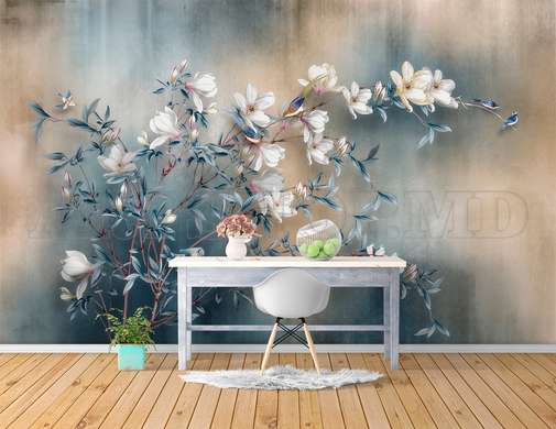 Wall Mural - White flowers on a branch and a blue background