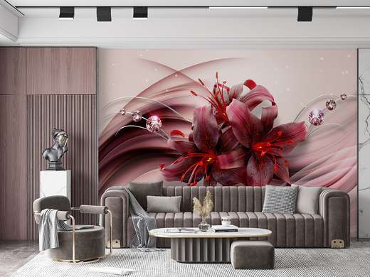 Wall Mural - Red lilies on a pink background