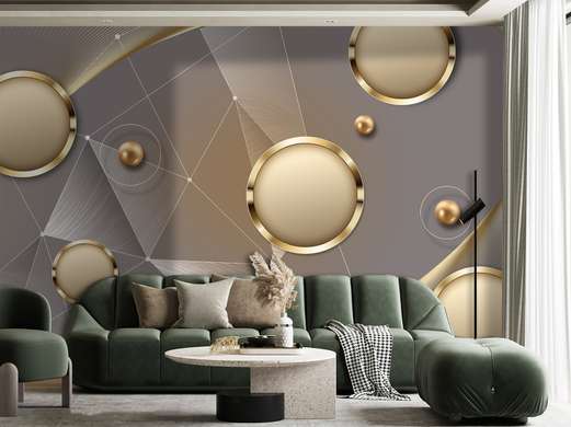 3D Wallpaper - Golden circles on a gray background with triangles