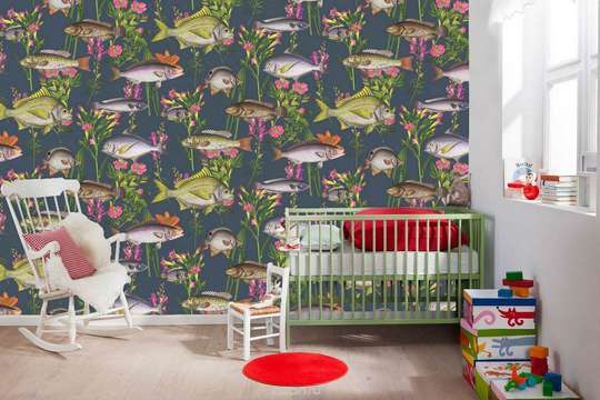 Wall Mural - Colorful fish on a gray background