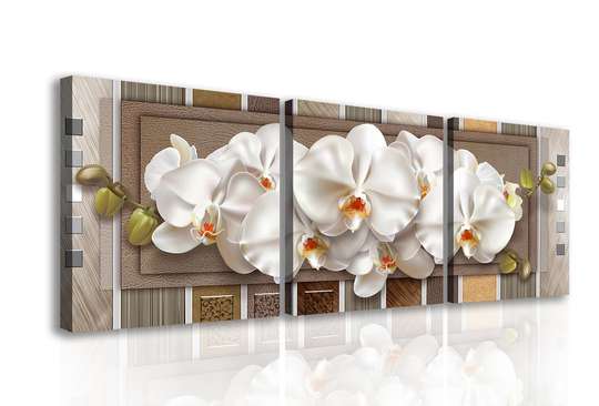 Модульная картина, Белая орхидея на коричневом полосатом фоне, 225 x 75