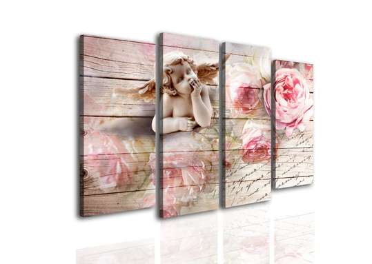 Tablou Pe Panza Multicanvas, Înger și bujori roz., 198 x 115