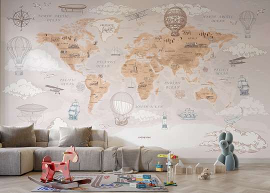 Wall Mural - World map vintage style, beige colors, in English