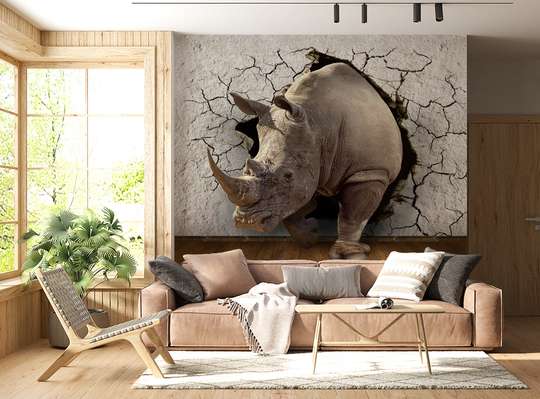 Фотообои - Носорог, разбивающий стену