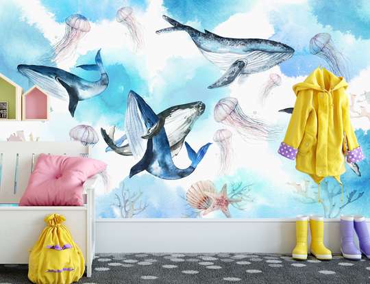 Wall mural for the nursery - Whales in the sea