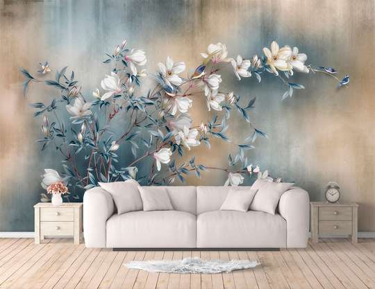 Wall Mural - White flowers on a branch and a blue background