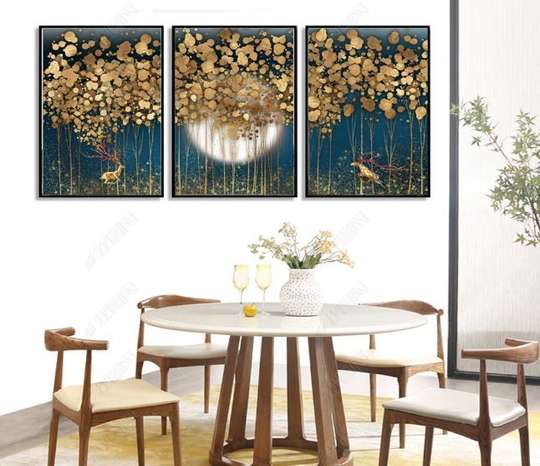 Постер - Золотые олени на фоне луны, 60 x 90 см, Постер на Стекле в раме, Наборы