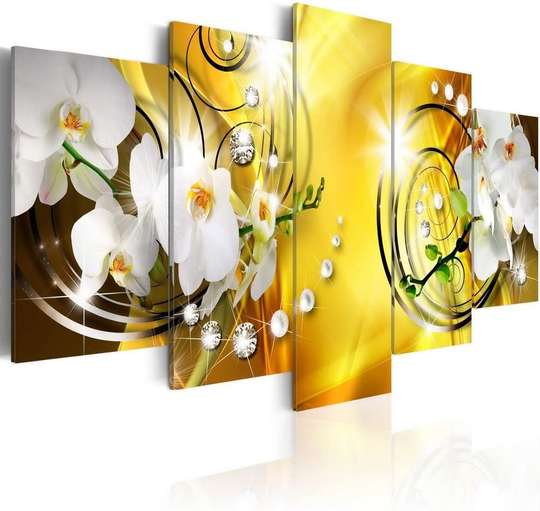 Modular picture, White orchids on a yellow background, 108 х 60