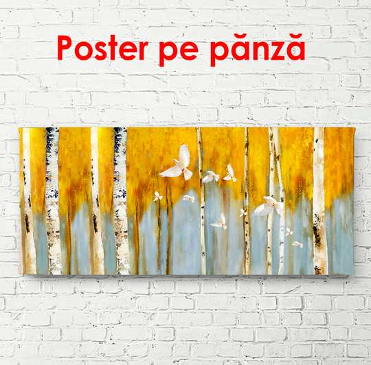 Постер - Желтые деревья на сером фоне, 150 x 50 см, Постер в раме