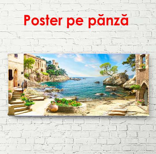 Постер - Летний дворик с видом на озеро, 90 x 45 см, Постер в раме