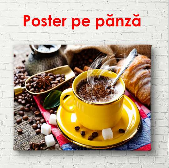 Постер - Желтая чашка с кофе на столе с кофейными зернами, 90 x 60 см, Постер в раме, Еда и Напитки
