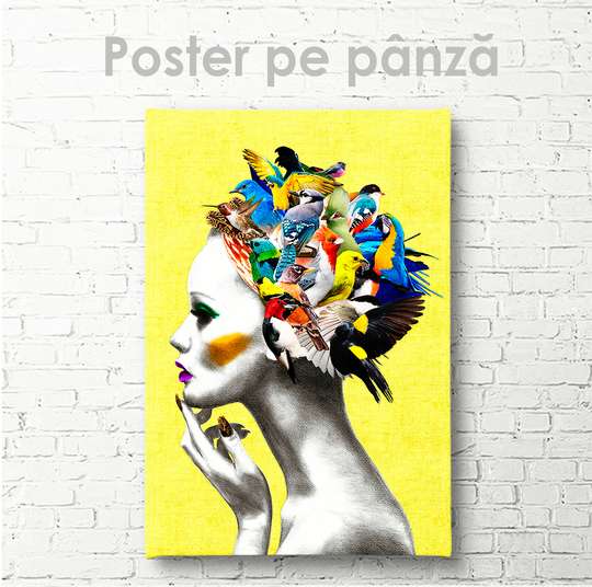 Poster - Fata cu păsări, 30 x 45 см, Panza pe cadru