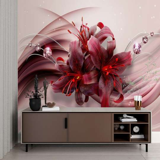 Wall Mural - Red lilies on a pink background