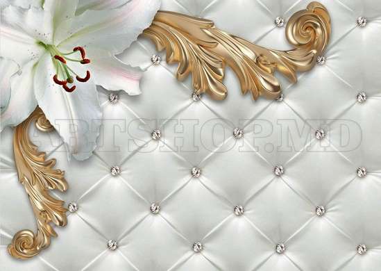Wall Mural - White lilies and golden patterns on a white background