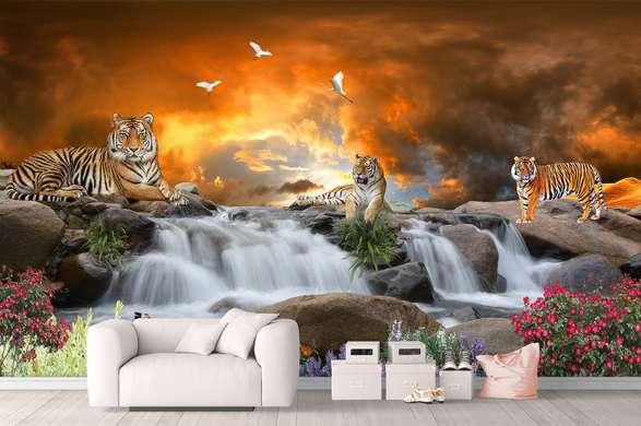 Fototapet - Tigri pe fundalul unei cascade