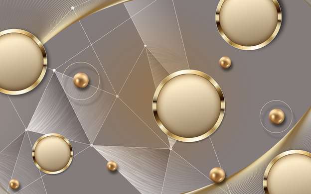 3D Wallpaper - Golden circles on a gray background with triangles