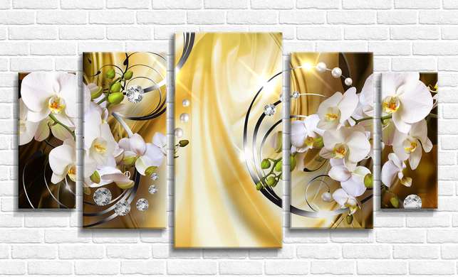 Tablou Pe Panza Multicanvas, Orhidee albe pe fond galben, 108 х 60