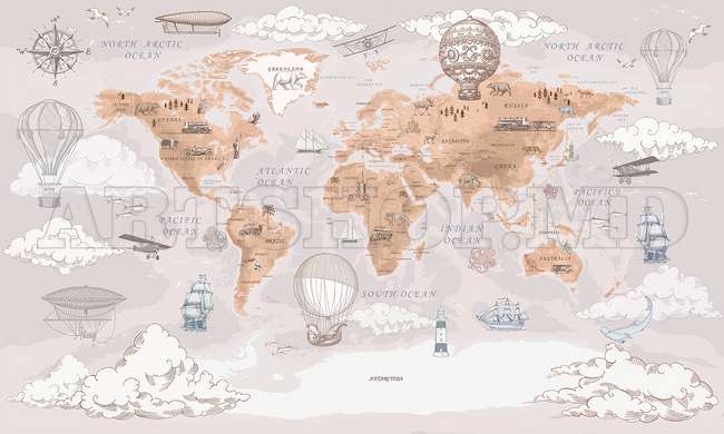 Wall Mural - World map vintage style, beige colors, in English