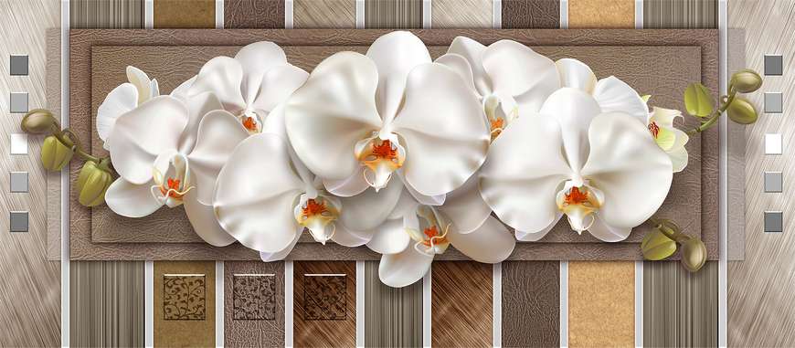 Модульная картина, Белая орхидея на коричневом полосатом фоне, 225 x 75